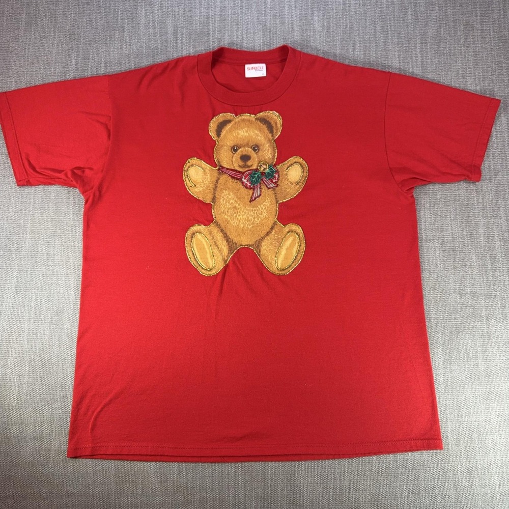 Vintage Sunbelt Sportswear Shirt Mens XL Red Teddy Bear Christmas Holiday Tee
